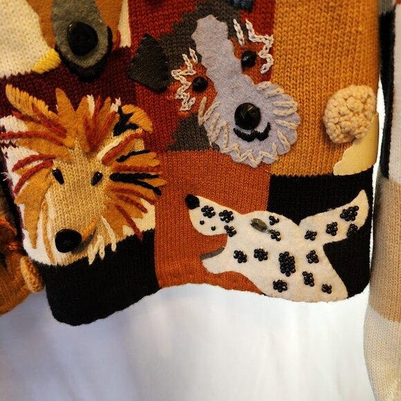 VINTAGE MICHAEL SIMON DOG EMBELLISHED CARDIGAN SWEATER, MULTI-COLOR, SIZE SMALL - Picture 11 of 15